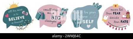 Libellé de discussion. Prononcez les formes d'autocollants. Bulle de parole. Etiquette de cadre de brosse pour bannière de conversation. Lettrage motivant. Message d'inspiration. Icônes de sport de succès. Design bohémien. Bordures de guillemets de boîte de dialogue de dessin animé vectoriel Illustration de Vecteur