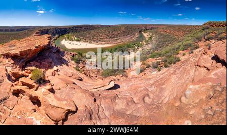 Vue aérienne du fleuve Murchison et du Canyon dans le parc national de Kalbarri, Australie occidentale. Banque D'Images