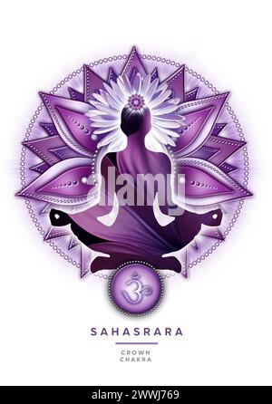 Méditation de chakra couronne dans la pose de yoga lotus, devant le symbole du chakra Sahasrara Banque D'Images