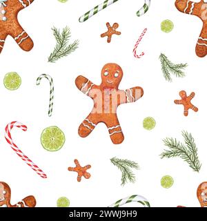 Biscuit homme en pain d'épice, agrumes, canne à sucre et branche d'épicéa. Motif sans couture de symboles de Noël. Tranches de citron vert, biscuits, bonbons et feuilles persistantes. Banque D'Images