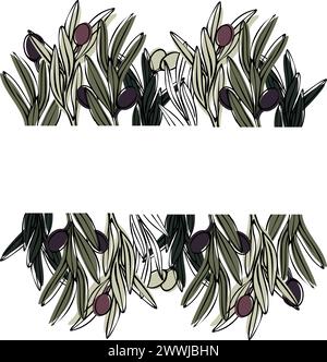 Cadre de vecteur avec branche d'olivier avec des feuilles et des fruits d'olives. Illustration florale de contour dessinée à la main avec fond de couleur pour logo, paquet Illustration de Vecteur