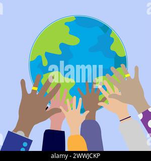 Mains sur la planète, divers groupes de mains de gens tenant la Terre Illustration de Vecteur