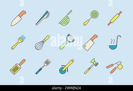 Ustensiles de cuisine et jeu d'icônes vectorielles de cuisine. Symbole graphique pour la conception du site Web de cuisson et des applications, logo, application, interface utilisateur Illustration de Vecteur