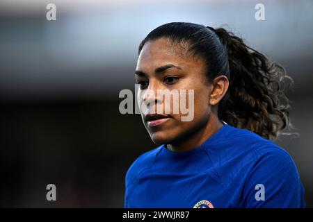 Dagenham, Royaume-Uni. 24 mars 2024. Super League pour femme. West Ham V Chelsea. Chigwell construction Stadium. Dagenham. Catarina Macario (Chelsea) lors du match de Super League Womens de West Ham V Chelsea au stade de construction de Chigwell, Dagenham. Crédit : Sport in Pictures/Alamy Live News Banque D'Images