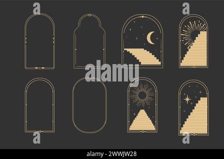 Set cadre de ligne de fenêtre d'arc céleste, mystique avec des escaliers, symboles d'astrologie lune et soleil, bordure de ligne, tatouage minimal isolé. Icône spirituelle ésotérique. Illustration vectorielle Illustration de Vecteur