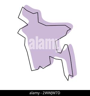 Carte simplifiée du Bangladesh. Silhouette violette avec contour lisse noir mince isolé sur fond blanc. Icône vectorielle simple Illustration de Vecteur