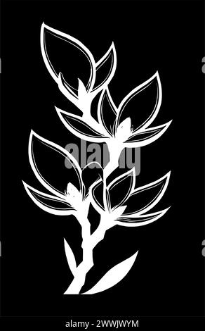 Dessin graphique blanc simple de fleur de magnoli sur fond noir, logo Banque D'Images