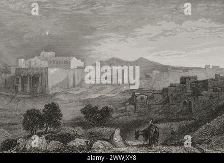Bethléem. Vue générale. Gravure par Aubert. 'La Tierra Santa y los lugares recorridos por los profetas, por los apóstoles y por los cruzados' (Terre Sainte et lieux traversés par les prophètes, les apôtres et les croisés). Publié à Barcelone par l'imprimerie Joaquin Verdaguer, 1840. Banque D'Images