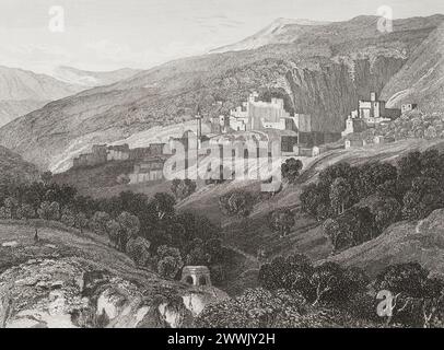 Nazareth. Vue générale de la ville. Gravure par Aubert. 'La Tierra Santa y los lugares recorridos por los profetas, por los apóstoles y por los cruzados' (Terre Sainte et lieux traversés par les prophètes, les apôtres et les croisés). Publié à Barcelone par l'imprimerie Joaquin Verdaguer, 1840. Banque D'Images