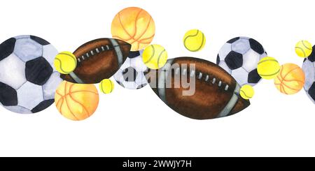 Bordure horizontale sans couture de boules d'aquarelle. Football américain, football, tennis, ballon de buscketball. Illustration dessinée à la main isolée sur blanc Banque D'Images