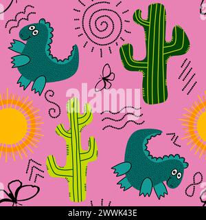 Désert d'été sans couture animaux dinosaures cactus et motif de soleil pour l'emballage du papier et des tissus et des draps et des enfants impression et emballage festif et partie Banque D'Images