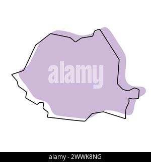 Carte simplifiée du pays de Roumanie. Silhouette violette avec contour lisse noir mince isolé sur fond blanc. Icône vectorielle simple Illustration de Vecteur