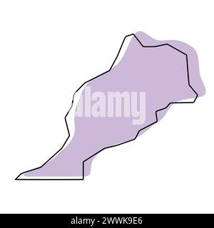 Carte simplifiée du pays Maroc. Silhouette violette avec contour lisse noir mince isolé sur fond blanc. Icône vectorielle simple Illustration de Vecteur