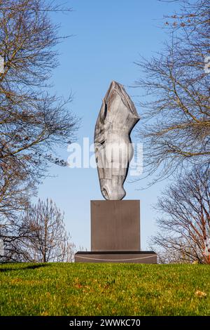 Grande sculpture métallique « en eau plate » de la tête d'un cheval par Nic Fiddian-Green au sommet de Battleston Hill au RHS Garden Wisley en hiver Banque D'Images