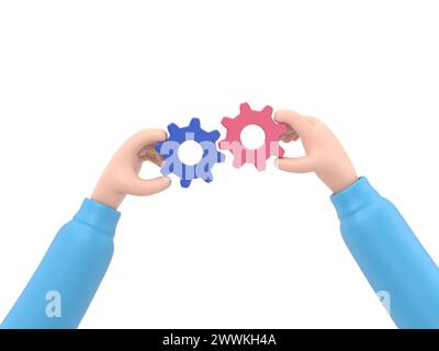 Icône de geste de dessin animé Mockup.Hand dessin 3D illustration de deux mains tenant Cogwheel.3D rendu sur fond blanc. Banque D'Images