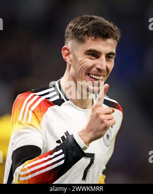 Kai Havertz d'Allemagne célèbre alors qu'il marque le but 0:2 LYON, FRANCE - 23 MARS : match amical international entre la France et l'Allemagne au Groupama Stadium le 23 mars 2024 à Lyon, France. Fussball LŠnderspiel Frankreich Deutschland © diebilderwelt / Alamy Stock Banque D'Images