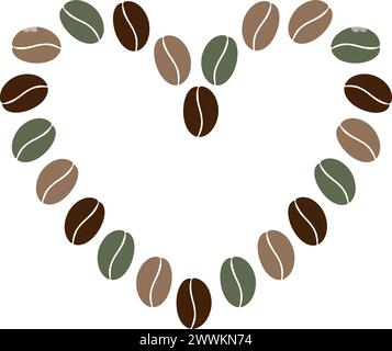 Forme de coeur abstrait de grains de café multicolores dans la tendance marron et vert Copy Space Frame Boarder. Modèle de lettrage. Salutations ou concept de toile de fond. Isoler. EPS. Vecteur pour cartes, affiches, bannière Illustration de Vecteur
