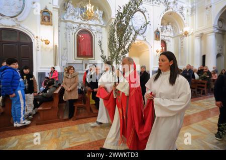 Pagani, Salerne, Italie. 24 mars 2024. Le dimanche des Rameaux, précédant Pâques, vu dans le centre historique de la ville au jardin du bienheureux Thomas Mary Fusco, un autel avec des branches de palmier aux pieds pour bénir. Il y avait un grand nombre de fidèles qui élevaient les branches de palmiers pour être bénis par le prêtre Flaviano Calenda. A la fin de la bénédiction, les fidèles en procession se rendirent à l' Église du corps du Christ où la messe fut célébrée . En ce jour, nous nous souvenons de l'entrée triomphale de Jésus à Jérusalem, chevauchant un âne et acclamé par la foule qui l'a accueilli en agitant des branches de palmier Banque D'Images