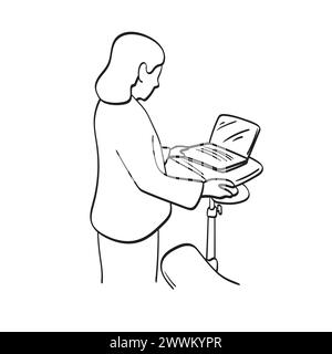 femme d'affaires travaillant sur l'ordinateur portable sur le petit vecteur d'illustration de bureau dessiné à la main isolé sur fond blanc Illustration de Vecteur