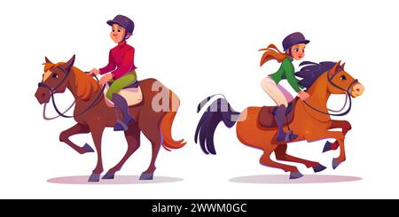 Cavalier homme et femme dans l'équipement. Ensemble d'illustration vectorielle de dessin animé du personnage masculin et féminin dans le casque et les uniformes monter à cheval. École équestre et concept d'entraînement de chevaux de course. Illustration de Vecteur