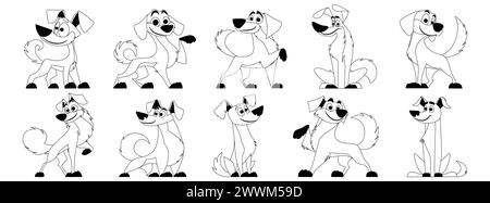 Cute Dogs vector set style linéaire noir. Les personnages de chien ou de chiot créent une collection de couleur plate dans différentes poses. Ensemble d'animaux drôles. Illustration de Vecteur