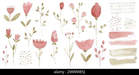 Simple abstrait dessiné à la main fleurs et feuilles clipart ensemble. Illustration d'aquarelle plate botanique en rose et vert Banque D'Images