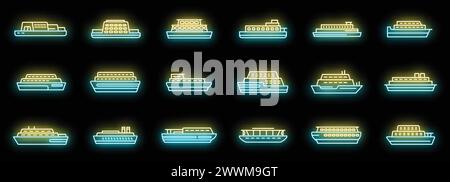 Les icônes de ferry définissent le vecteur de contour. Livraison de bateau. Couleur néon cargo public sur noir Illustration de Vecteur