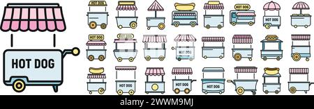 Les icônes de chariot hot-dog définissent le vecteur de contour. Nourriture d'affaires. Cafe Carnival ligne mince couleur plat isolé Illustration de Vecteur