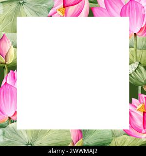 cadre blanc carré avec fleur de lotus rose néon et feuilles, illustration aquarelle sur fond vert foncé. Plante de nénuphar tropical asiatique lumineuse wi Banque D'Images