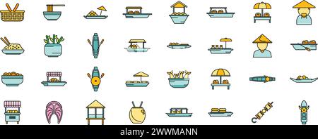 Vecteur de contour d'ensemble d'icônes de marché flottant. Panier asiatique. Ligne mince couleur plate isolée pour le marché d'attraction Illustration de Vecteur