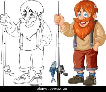 Pêcheur de dessin animé avec canne à pêche et prise. Illustration de Vecteur