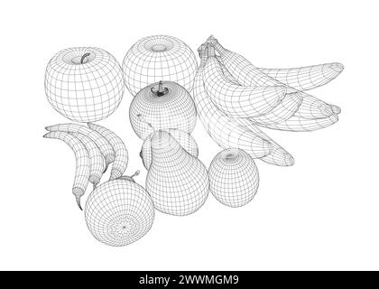 Fil de fer de fruits : bananes, pommes, poires, poivrons, tomate faite de lignes noires isolées sur fond blanc. Illustration vectorielle. 3D.. Illustration de Vecteur