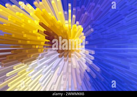 Blocs d'extrusion et pyramides colorés abstraits bleus et jaunes se précipitant dans différentes directions. Croissance, affaires, technologie. Arrière-plan Banque D'Images