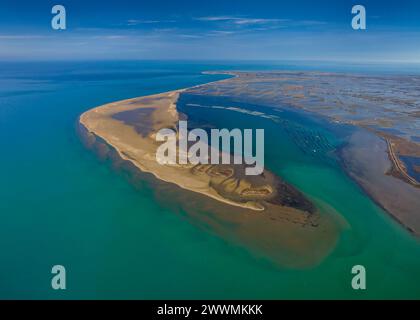 Vue aérienne de la pointe et de la baie de Fangar (Punta del Fangar et Badia del Fangar), dans le delta de l'Èbre (Tarragone, Catalogne, Espagne) Banque D'Images