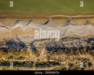 Vue aérienne de la plage de Platja de l'Arenal, à L'Ampolla, dans le delta de l'Èbre (Tarragone, Catalogne, Espagne) ESP : Vista aérea de la playa del Arenal Banque D'Images