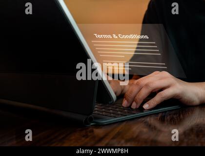 Concept des termes et conditions. Document régissant la relation contractuelle entre le fournisseur de service et l'utilisateur sur le Web, cookies de site Web. Termes et condi Banque D'Images