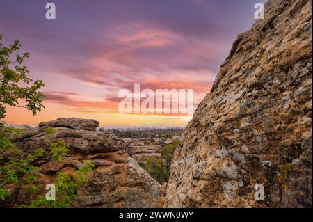 les teintes envoûtantes du ciel du coucher du soleil, projetant une lumière chaude sur le premier plan rocheux texturé et les arbres silhouettés Banque D'Images