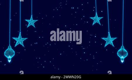 Étoiles au néon suspendues et lanternes sur fond bleu foncé avec des particules brillantes 8k illustration. Banque D'Images