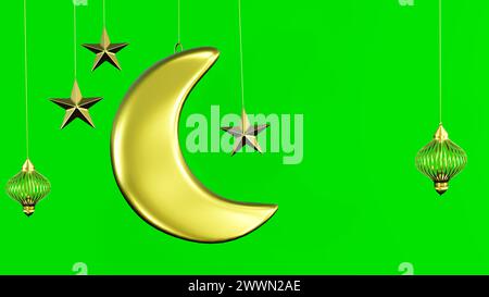 Fond islamique avec croissant de lune, étoiles suspendues et lanternes isolées sur fond d'écran vert. Banque D'Images