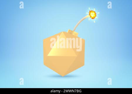 rendu 3d de bombe dorée en forme d'icosaèdre, avec fusible brûlant, sur fond bleu clair. Banque D'Images