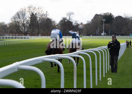 Ascot, Berkshire, Royaume-Uni. 24 mars 2024. Horse Martator (n°4) monté par le jockey Charlie Deutsch remporte le LK Bennett handicap Steeple Chase au Spring Family Raceday à Ascot Racecourse. Propriétaire Camillia Norton, entraîneuse Venetia Williams, Hereford, commanditaire Faucets Limited. Crédit : Maureen McLean/Alamy Live News Banque D'Images