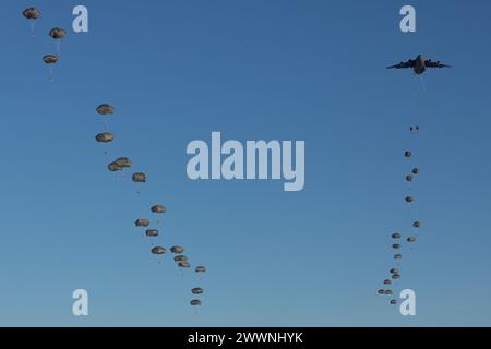 Des soldats de l'armée américaine du 3e bataillon, du 509e régiment d'infanterie parachutiste, de l'équipe de combat de la 2e brigade d'infanterie (aéroportée), de la 11e division aéroportée, descendent sur la zone de chute de Donnelly après avoir sauté d'un C-17 Globemaster III de l'US Air Force dans le cadre du joint Pacific multinational Readiness Center 24-02 à Donnelly Training Area, Alaska, le 8 février, 2024. Le JPMRC 24-02 dépend de partenaires conjoints, multicomposantes et multinationaux pour réussir, y compris les équipages aériens et terrestres de l’US Air Force, les Marines américains et les participants militaires internationaux de plus de cinq pays, un témoignage du réalisme et de l’authenticité Banque D'Images