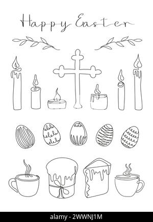 Carte de Pâques avec joyeuses salutations de Pâques. Ensemble de Pâques dans un style continu d'une ligne avec des éléments de conception comme des gâteaux de Pâques, des œufs, croix, des bougies, des tasses à vapeur, plantes. Vecteur noir et blanc sur blanc Illustration de Vecteur
