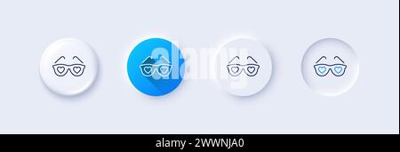 Lunettes avec icône de ligne de coeur. Neumorphe, dégradé bleu, boutons d'épingle 3D. Signe de lunettes de Saint-Valentin. Symbole de l'accessoire Love. Icônes de ligne. Neumorphi Illustration de Vecteur