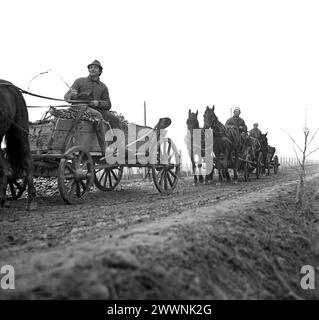 République socialiste de Roumanie, approx. 1976. Paysans dans des wagons tirés par des chevaux sur une route de campagne boueuse. Banque D'Images