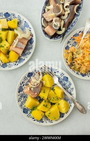 Délicieux dîners de poisson copieux, pommes de terre bouillies avec hareng mariné, choucroute avec oignons et huile d'olive, vue de dessus Banque D'Images