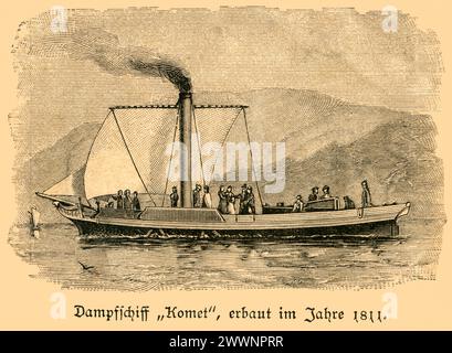 Europa, Großbritannien, Originaltext : Dampfschiff ' Komet ' , erbaut im Jahre 1811 , Motiv aus einem Werbeprospekt ' Das XIX Jahrhundert in Wort und Bild ' von Hans Kraemer, Deutsches Verlagshaus Bong & Co , Berlin, Leipzig, Wien, Stuttgart , um 1900 . / Europe, Grande-Bretagne, texte original : Dampfschiff ' Komet ' , erbaut im Jahre 1811 ( navire à vapeur ' Comet ' , construit en 1811 ) , image de la perspective : ' Das XIX. Jahrhundert in Wort und Bild ' ( le XIXe siècle en mots et en images ) , par Hans Kraemer, maison d'édition : Deutsches Verlagshaus Bong & Co, Berlin, Leipzig, Wien, Stuttg Banque D'Images