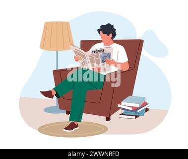 Lire des journaux. Jeune homme est assis dans un fauteuil et lit la dernière presse, Guy regarde à travers la colonne de nouvelles quotidiennes, produit d'impression périodique Illustration de Vecteur