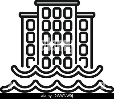 Ville côtière dans le vecteur de contour d'icône d'inondation. Catastrophes liées au changement climatique. Problème de la côte terrestre Illustration de Vecteur