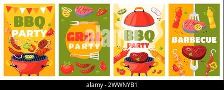 Affiches d'éléments de barbecue de dessin animé. Cartes de week-end barbecue, pique-nique d'été en famille, barbecue extérieur, viande et légumes grillés, soirée grillades Illustration de Vecteur